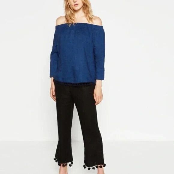 ZARA Off Shoulder Top 100% Linen Blue‎ Size S Pom Pom Top - Picture 1 of 10